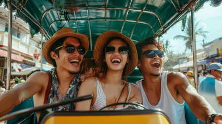 A group of friends laughing and chatting while riding together in a tuk-tukの素材