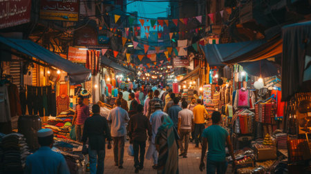 A group of friends exploring a vibrant, bustling street market in a foreign cityの素材