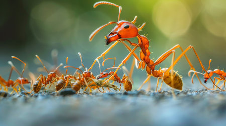A group of fire ants working together to transport a large insect prey to their colonyの素材