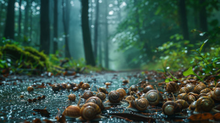 A group of snails congregating on a damp forest floor after a rain showerの素材
