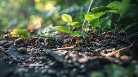 A group of ants foraging for food on a leafy forest floor, illustrating the bustling activity of insect colonies.の素材