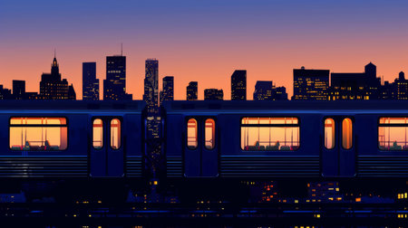 The iconic silhouette of a city skyline at twilight, with the illuminated windows of a passing subway train adding a dynamic element to the urban panorama.の素材