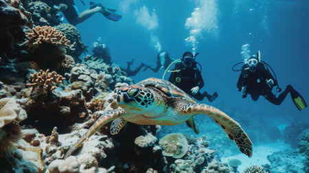 A group of scuba divers observing a majestic sea turtle resting on a coral reef, highlighting the importance of responsible ecotourism.の素材