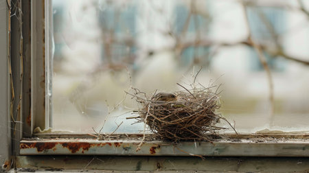A bird's nest precariously balanced on a window ledge, illustrating the adaptability of birds in urban environmentsの素材