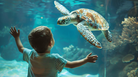 A child marveling at a sea turtle swimming in a large aquarium tank, inspiring awe and appreciation for marine life conservation.の素材