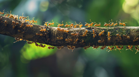 A close-up of a line of ants marching in perfect formation along a tree branch, highlighting the organized behavior of insect colonies.の素材