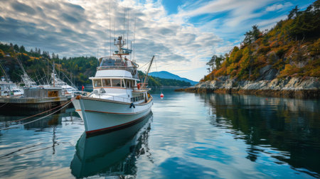 A fishing boat docked at a picturesque harbor, ready for a day of deep-sea fishing adventuresの素材