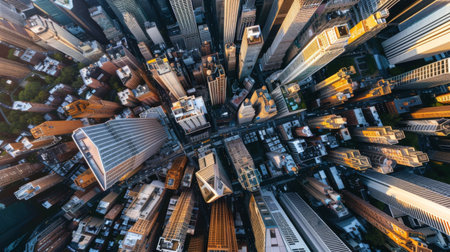 A dynamic aerial view of a modern downtown district, with sleek high-rise buildings reaching towards the skyの素材