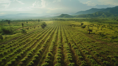 A drone capturing the vast scale of a reforestation project, with workers planting trees across a large areaの素材