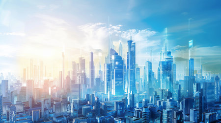 A futuristic city skyline with skyscrapers powered by renewable energy sources, linked together by resilient high-voltage transmission infrastructure.の素材