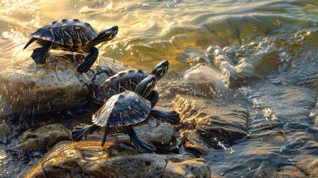 A family of turtles basking in the sun on a rocky shoreline, showcasing the bond and harmony of life in their natural habitat.の素材