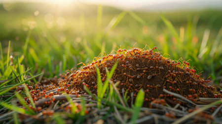 A colony of fire ants constructing an intricate mound in a grassy field, showcasing the engineering prowess of these industrious insects.の素材