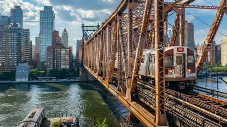 A commuter train crossing a steel truss bridge, transporting passengers across a bustling city riverの素材