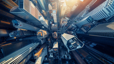 A dynamic aerial view of a modern downtown district, with sleek high-rise buildings reaching towards the skyの素材