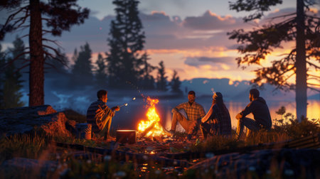 A group of friends gathered around a campfire, roasting marshmallows and sharing stories while a pot of chili simmers nearby.の素材