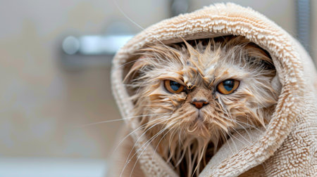 A wet cat wrapped in a fluffy towel after a bath, its expression a mix of annoyance and relief as it dries off from the water ordeal.の素材
