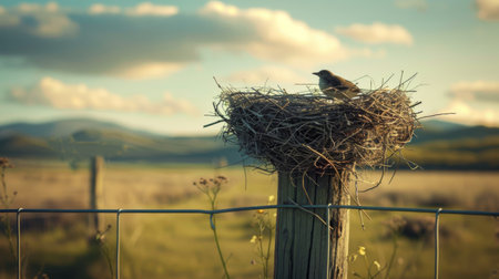 An empty bird's nest perched atop a fence post, evoking feelings of nostalgia and the passage of time in nature.の素材