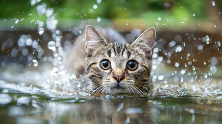 A playful cat splashing in a shallow pool of water, its eyes wide with excitement as it enjoys a refreshing dip.の素材