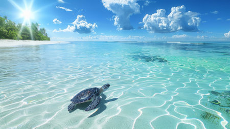 A serene beach scene with a majestic sea turtle gracefully swimming through crystal-clear waters, embodying the beauty of marine life.の素材