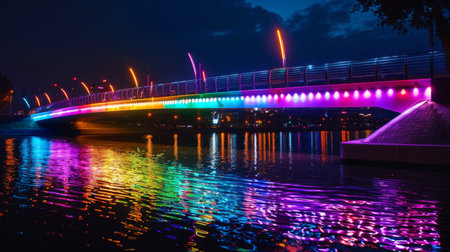 An illuminated bridge at night, with colorful lights reflected in the shimmering water belowの素材