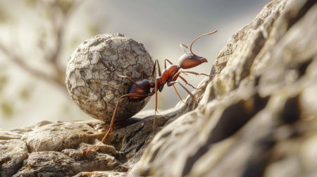 An ant struggling to carry a heavy load up a steep incline, symbolizing perseverance and resilience in the face of challenges.の素材