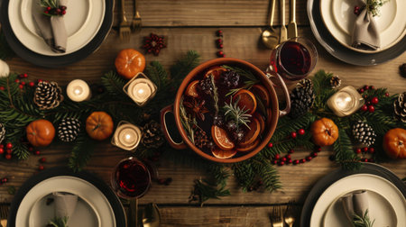 An overhead shot of a festive holiday dinner table, featuring a decorative ceramic pot filled with fragrant mulled wine.の素材