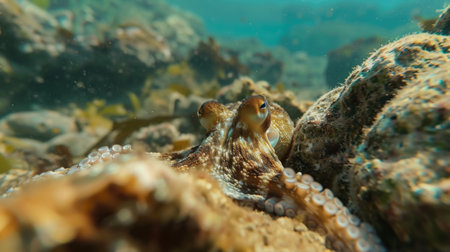 A curious octopus camouflaged against a rocky seabed, showcasing the stealth and intelligence of marine creatures.の素材