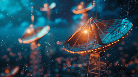 A close-up of satellite dishes mounted on a communication tower, receiving data from spaceの素材