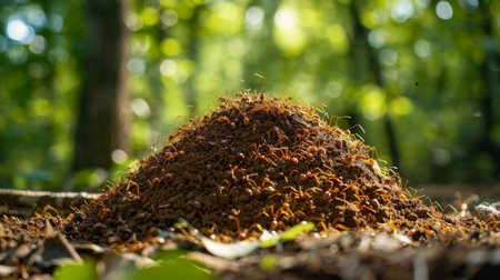 A colony of fire ants constructing a towering mound of soil in a forest clearingの素材