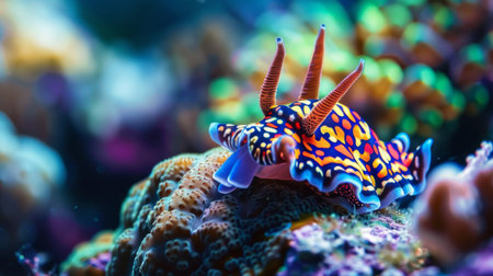 A colorful nudibranch crawling across a coral reef, showcasing the intricate patterns and vibrant hues of marine mollusks.の素材