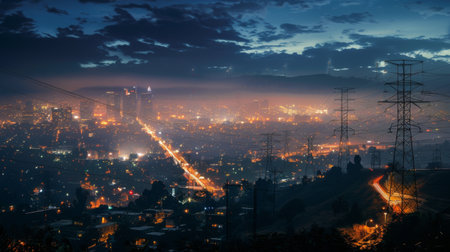 A city skyline illuminated at night, showcasing the impact of electricity on urban lifeの素材