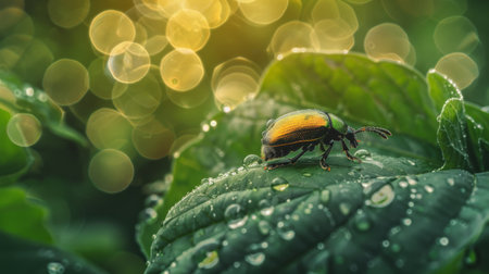 A beetle perched on a rain-kissed leaf, glistening in the sunlight after a refreshing shower.の素材