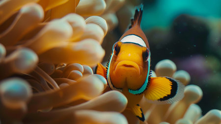 A close-up of a clownfish peeking out from an anemone, embodying the symbiotic relationship between marine species.の素材