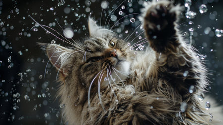 A fluffy cat batting at water droplets cascading from a dripping faucet, finding joy in the simple pleasure of liquid play.の素材
