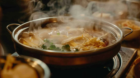 A hot pot bubbling with flavorful broth and a variety of fresh ingredients, creating a tantalizing hazeの素材