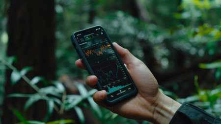 A hand holding a smartphone with a stock trading app, reflecting modern investing convenience.の素材