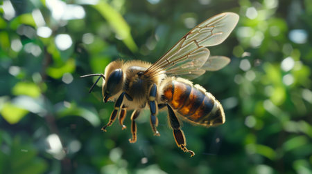 A honeybee in mid-flight, captured against a backdrop of lush greenery, symbolizing the essence of pollination and growth.の素材