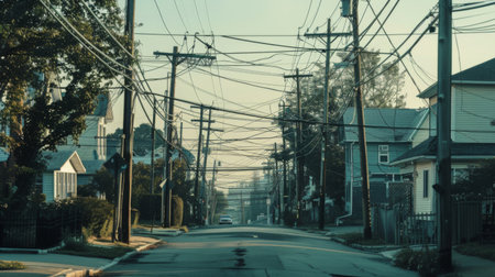 A residential neighborhood with power poles and cables lining the streetsの素材
