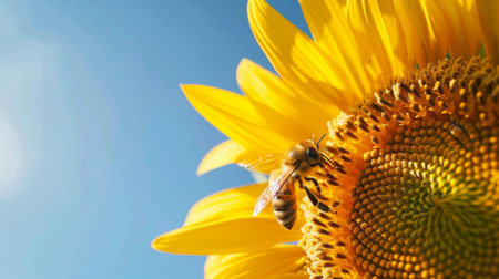 A honeybee exploring the petals of a sunflower, framed against a backdrop of bright blue sky.の素材