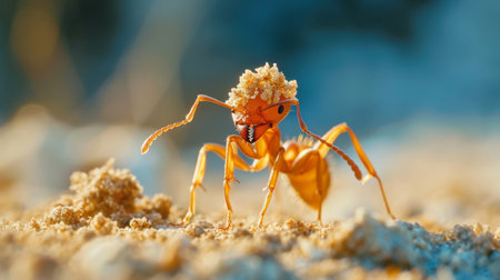 A macro shot of a fiery red fire ant carrying a food crumb back to its nestの素材
