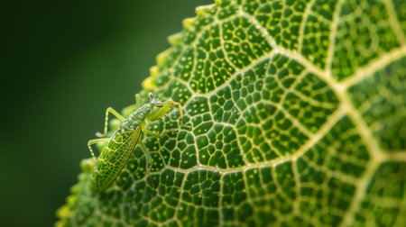 A mantis nymph exploring the intricate patterns of a leaf, blending in with its surroundings.の素材