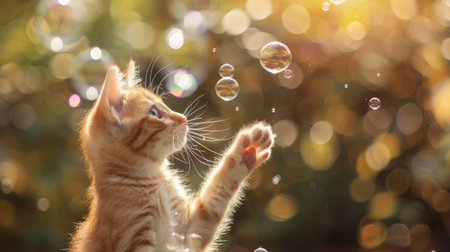 A playful kitten swatting at bubbles floating in the air, adding a touch of whimsy to its curious exploration.の素材