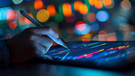 A person updating their investment portfolio on a tablet with a pen, emphasizing personal financial management.の素材