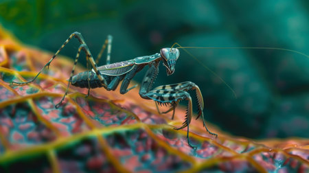 A mantis nymph exploring the intricate patterns of a leaf, blending in with its surroundings.の素材