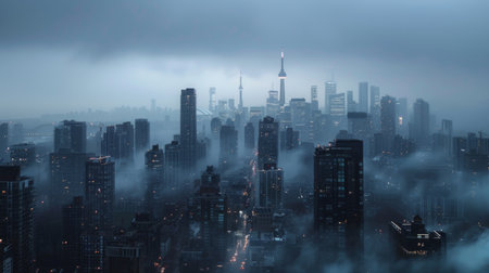 A panoramic view of a city skyline shrouded in mist and rain, creating a moody and atmospheric urban scene.の素材