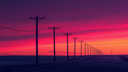 A row of electric power poles stretching into the distance against a vibrant sunset skyの素材