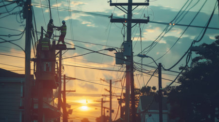 A power outage aftermath with utility workers repairing electrical lines, restoring serviceの素材