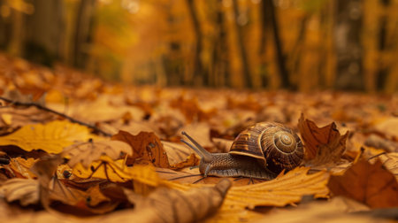 A snail making its way through a maze of fallen leaves in an autumn forestの素材
