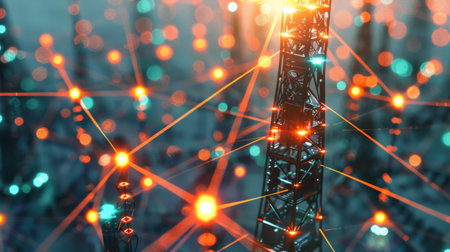 A network of interconnected signal towers forming a web of communicationの素材