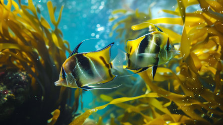 A pair of graceful angelfish swimming among swaying seaweed, adding elegance to the underwater landscape.の素材
